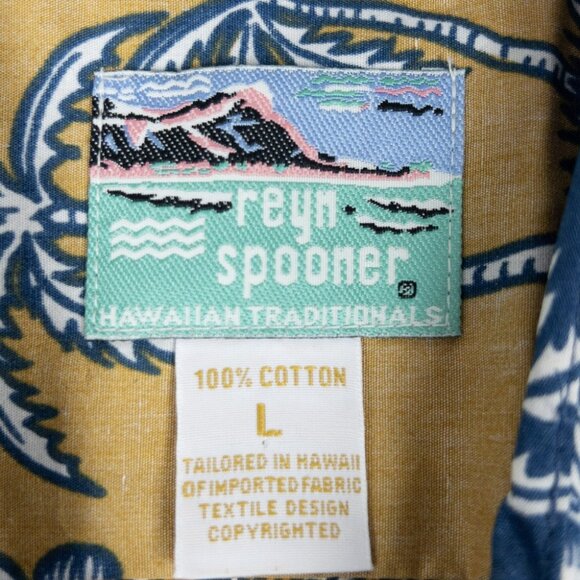 Reyn Spooner Floral Hawaiian Shirt Men's Large Blue Yellow Palm Tree Aloha - Picture 2 of 11